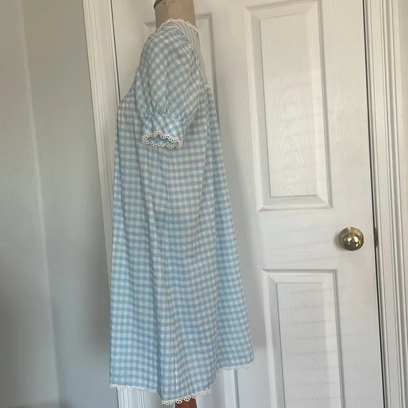 Vintage gingham lace check nightgown housecoat dress duster robe cottage core M - Picture 8 of 10